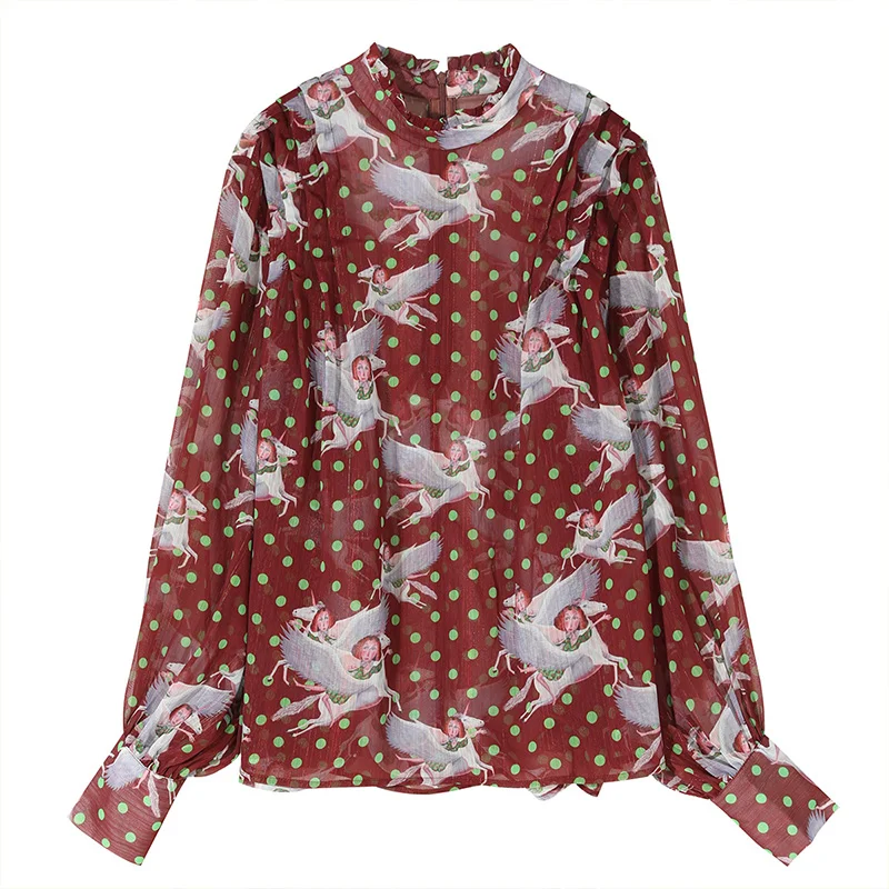 ELFSACK шифоновая блузка с принтом ангела кофейного цвета в горошек, женская рубашка, осень, однобортный рукав-фонарик, офисные женские топы на каждый день - Цвет: Коричневый