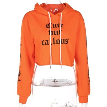 

2019 Women Letter Print Sweatshirt Casual Lantern Long Sleeve Hoodie Fashion Autumn Orange Drawstring Short Pullovers