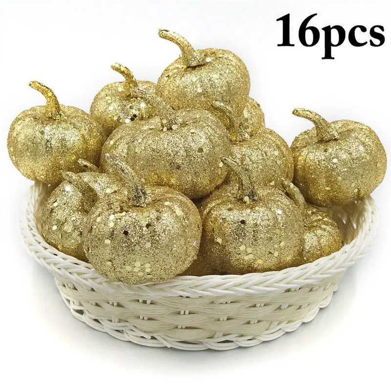 New 12pcs Glitter Golden Mini Artificial Pumpkins Foam Pumpkins Small Pumpkins Fake Foam Halloween Decorative Pumpkins - Цвет: Golden