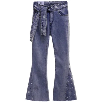 

2020 spring autumn New Fashion Diamond Jeans Women Slim Fork Denim Pants Girl Ladies Casual Flare pants