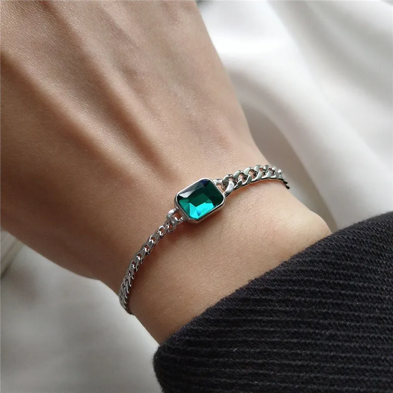 

RUIYI Real 925 Sterling Silver AAA Green Zircon Cross Chain Bracelets For Women Luxury Vintage Jewelry Emerald Niche Bracelets