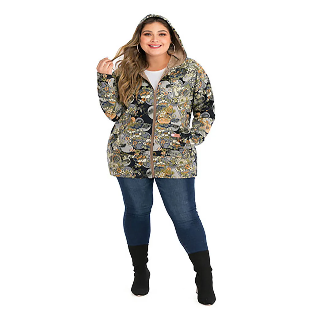 Winter Women Jacket Coat Warm Vintage Warm Printed Pockets Thicker Zipper Hooded Coat Outwear Jackets Coat Famale#1016