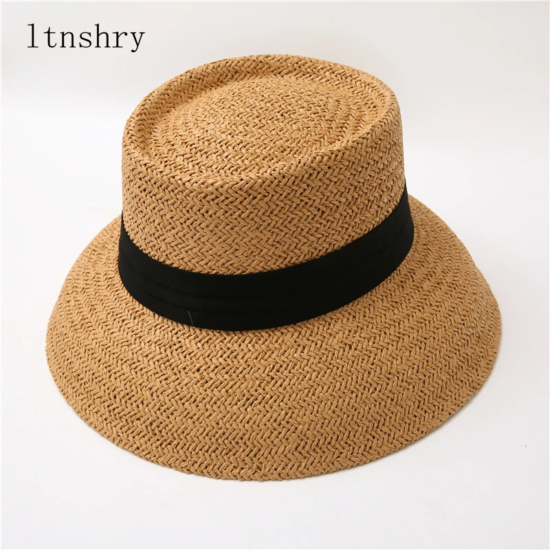 

New Women Summer Big Floppy Hat Wheat Straw Hat with Black White Ribbon Lace Tie Wide Brim Sun Hat UV Protection Beach Cap