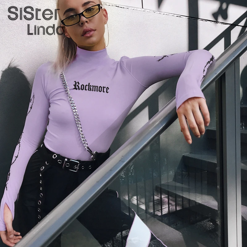 Sisterlinda, хлопок, с буквенным принтом, топ, женская футболка, футболка с длинным рукавом, молния, женская рубашка, эластичность, тройники, женская рубашка, топы