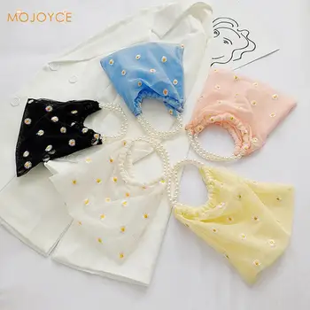 

Women Small Transparent Mesh Tote Bag Classic Chic Delicate Creative Design Daisy Embroidery Handbag Pearl Beach Pouch