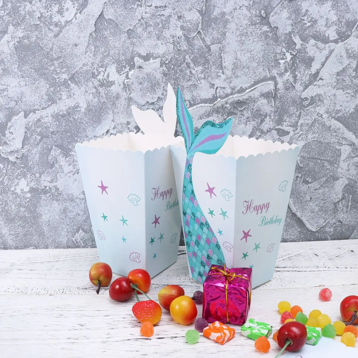 24pcs Mermaid Paper Popcorn Boxes Bags Cute Popcorn Box Party Supplies Snack Treat Box Container Birthday Baby Shower Wedding