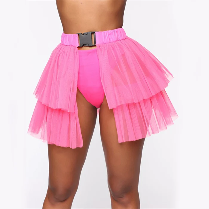 Неоновая юбка женская сетчатая прозрачная плиссированная двухслойная Лоскутная юбка с пряжкой шикарная Клубная одежда дизайн юбка для леди - Цвет: Neon Pink