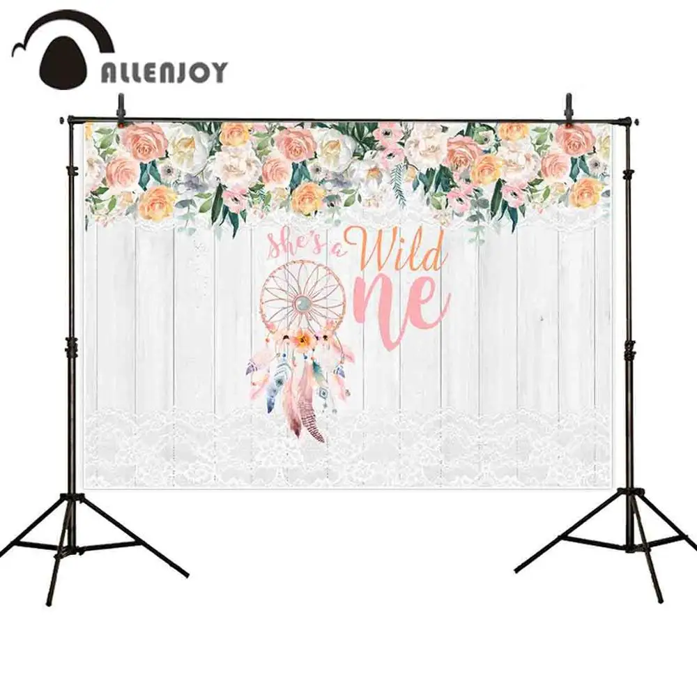 

Allenjoy photo background 1st birthday wild one dreamcatcher flower wood lace photography backdrop photocall photophone prop