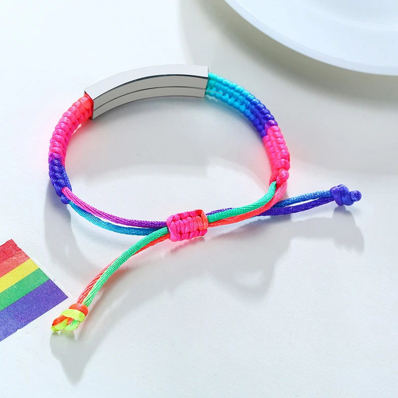 Vnox Adjustable Customize Name Emergency Contact Bracelets For Handmade Braided Rainbow Colorful Rope Girls Boy Bangle_voghion.com