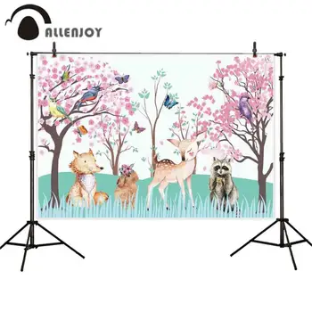

Allenjoy Spring Banner Bird Butterfly Hedgehog Deer Rabbit Flower Tree Grassland Cartoon Wall Decor Baby Birthday Party Backdrop