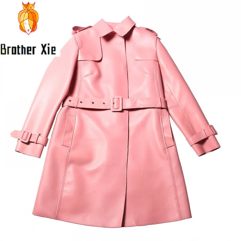 

2020 New Women Genuine Leather Slim Pink Trench Coats Sashes Belt Long Sleeve Autumn Winter Real Leather Sheepskin Long Jackets
