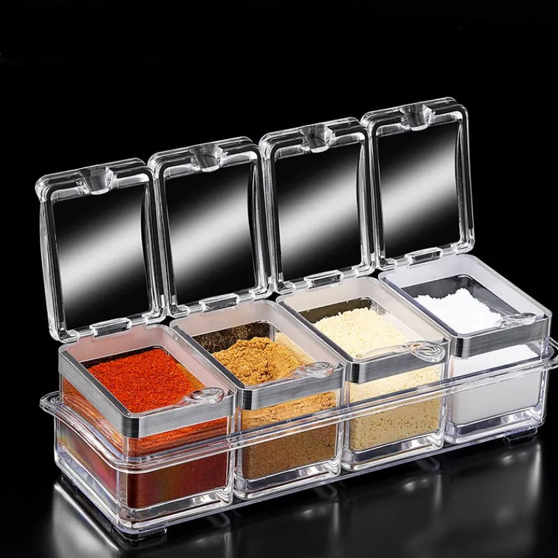 Acrylic Seasoning Box Set, 4 Piece Clear Premium Quality Storage Rack Spice  Pots Condiment Jars for Salt Sugar Cruet Kitchen Organization Containers