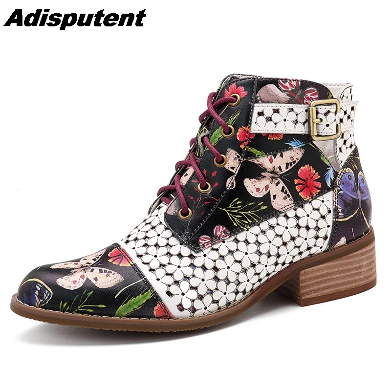 Aisputent/; Модные женские ботильоны с цветочным принтом; женская обувь на высоком каблуке; женские вечерние туфли-лодочки для танцев; классические кожаные ботинки - Цвет: 1