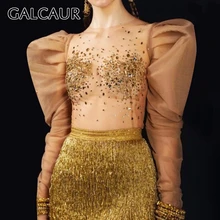 GALCAUR, Лоскутная Женская блузка с бриллиантами, о-образный вырез, пышная туника с длинным рукавом, с рюшами, перспективная женская рубашка,, модная одежда