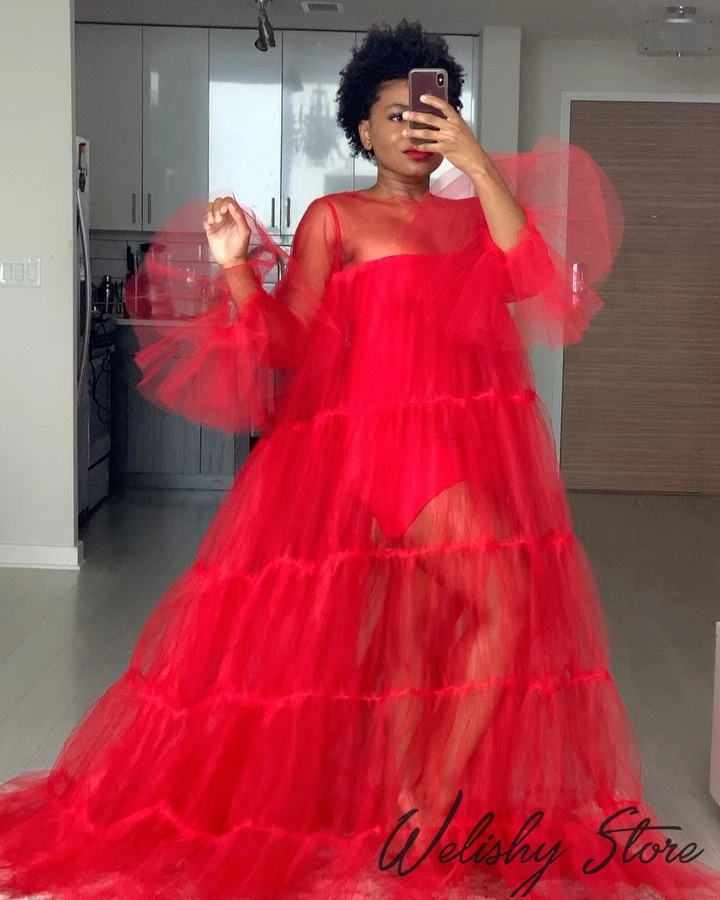 Red Women Tulle Sheer Overlay Dresses 2020 Long