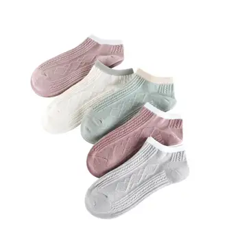 

Women Cotton Ankle Socks with Geometric and Striped Pattern Girls Candy Color Boat Socks Female Sock Slippers 5 Pairs/lot