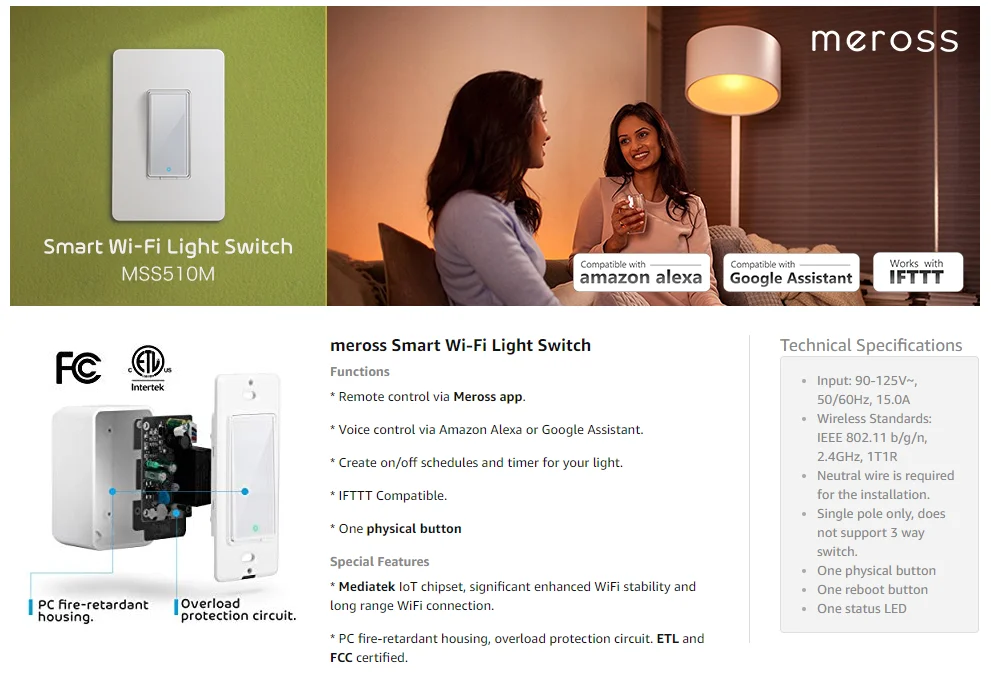 Умный WiFi настенный выключатель, Amazon Alexa и Google Assistant и IFTTT поддерживается, приложение дистанционного управления Meross MSS510