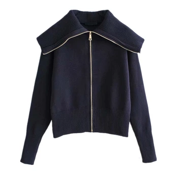 

2020 Autumn Winter Short Zipper Knitted Cardigan Coat Women Turn Down Collar Long Sleeve Casual Sweaters fashion streetwear tops