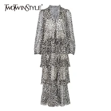 TWOTWINSTYLE леопардовое винтажное женское платье с v-образным вырезом и длинным рукавом, повязки с высокой талией и оборками, платья длиной до лодыжки, Женская мода