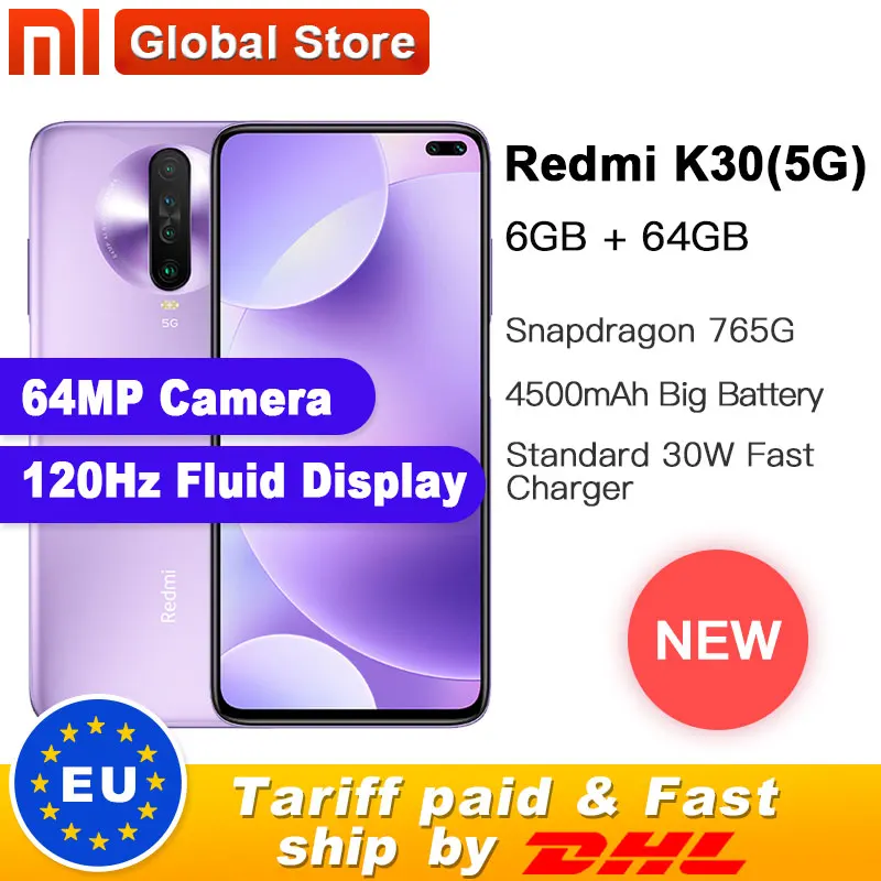 Xiaomi Redmi K30 5G 64 Гб 6 ГБ восьмиядерный смартфон Snapdragon 765G 6,67 дюйма 64 мп четырехъядерный камера заднего вида 4500 мАч