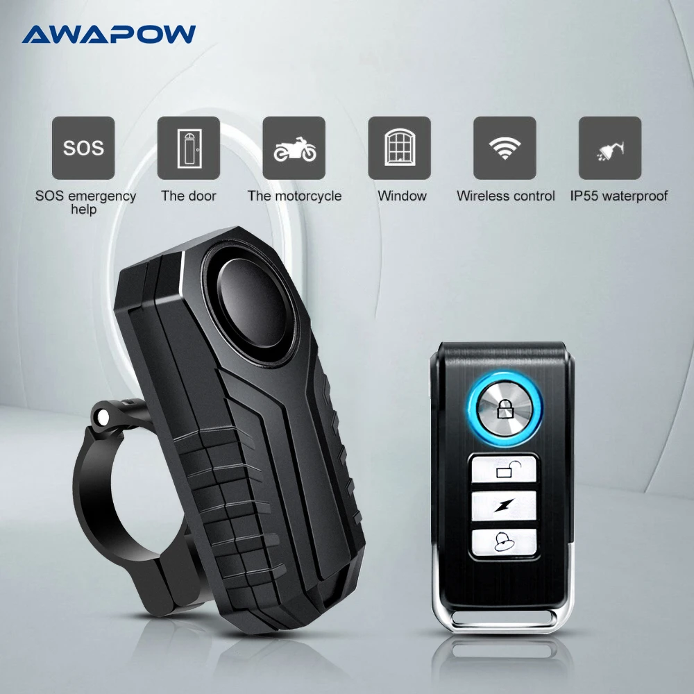 Awapow Anti Theft Bicycle Alarm 113dB Vibration Remote Control Waterproof Alarm With Fixed Clip Motorcycle Bike Safety System ring alarm keypad buttons