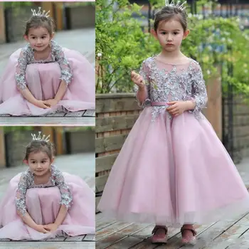 

SexeMara Lace Applique Flower Girl Dresses Three Quarter Sleeve O-neck A-line Girls Pageant Gowns Party Dress for Wedding
