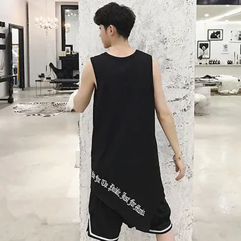 

Homens de Alta Moda de Rua Hip Hop Topos Longo Tanque Carta Bordado Masculino T-shirt Sem Mangas Colete