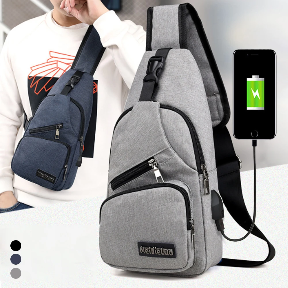Mens USB Charging Sling Shoulder Chest Bag Cross Body Messenger Leather Backpack 