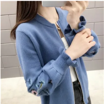 

2019 Autumn Outfit Sleeve knit Cardigan Embroidered Lotus Leaf Loose Women's Clothing Edition Zipper Sweater Coat Female Spring