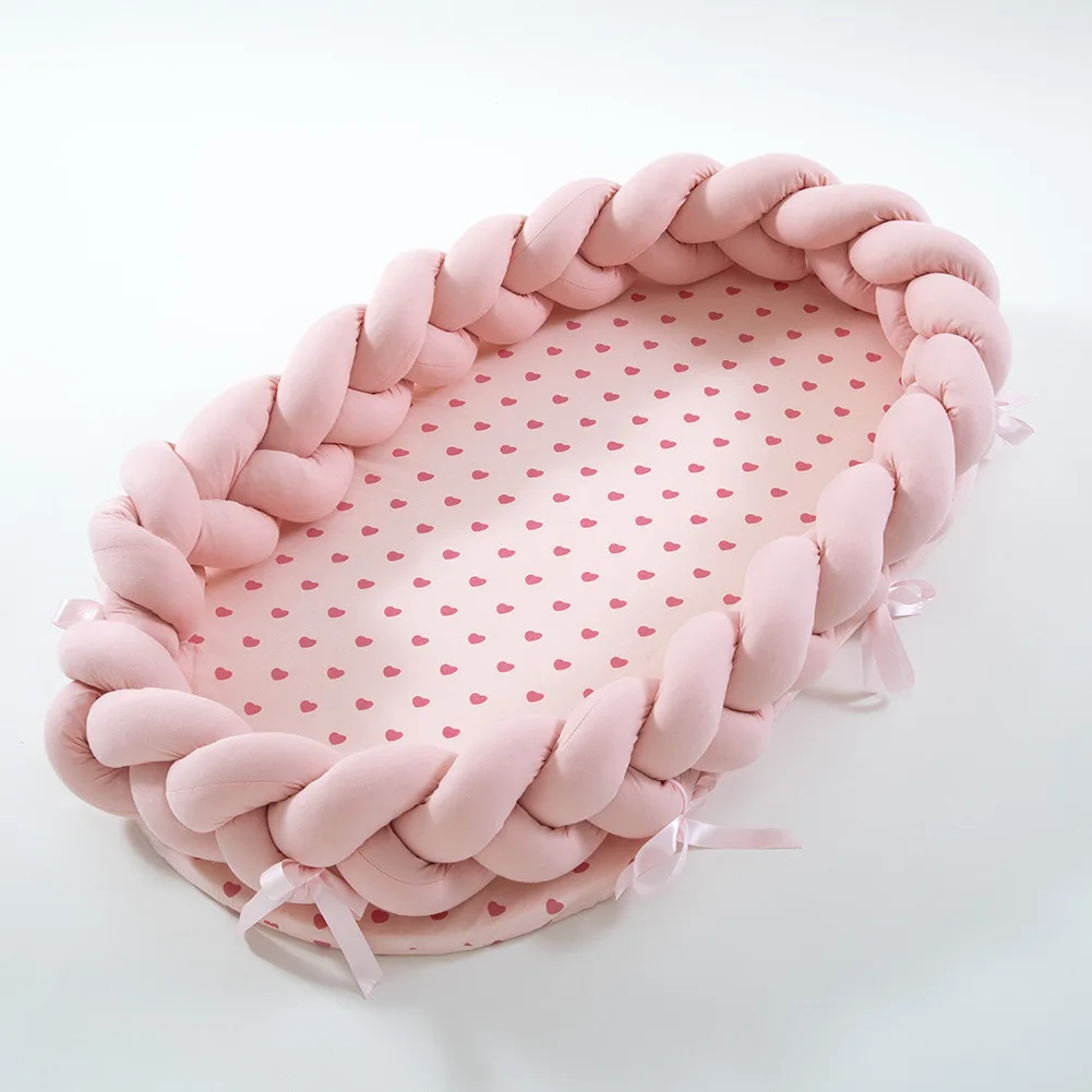 Вязаный детский лежак для кровати, переносное детское гнездо для новорожденных, переносная люлька для кроватки, Дышащий моющийся лежак для спальни - Цвет: pink