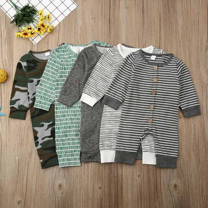0-18months Newborn Baby Boys Clothes 2019 Autumn Baby Boys Rompers Solid Long Sleeve Button Camouflage Baby Boys Jumpsuits Suits