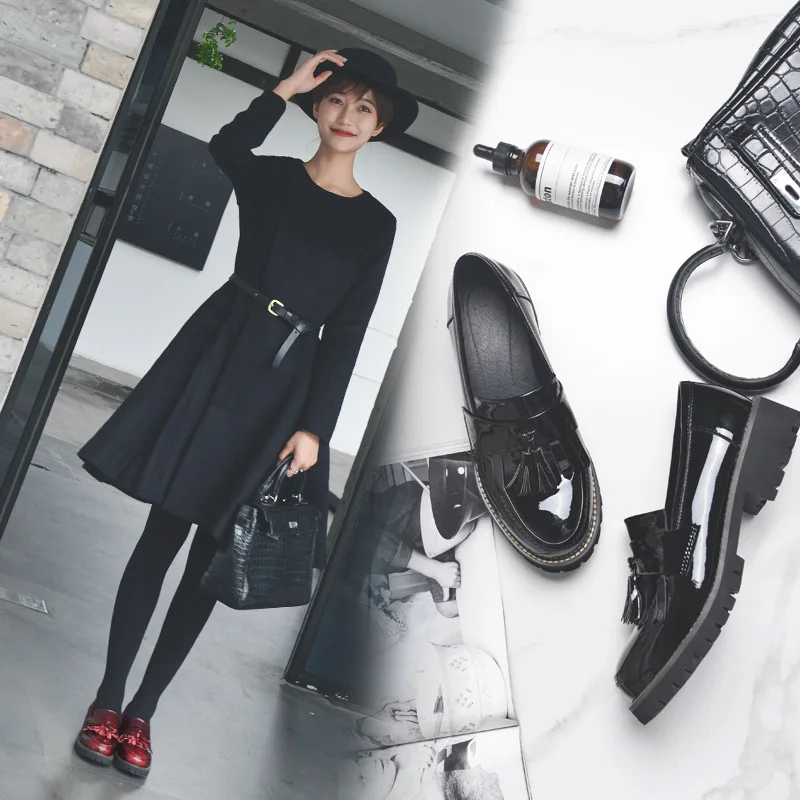 

2019 Summer New Style inside And Pure Leather British-Style Small Leather Shoes Women's round-Toe Tassels Waterproof Platform Pa