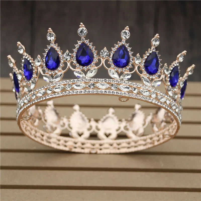 Rose Gold Blue Свадебная корона в стиле барокко с цветком из розового золота диадема и короны королевская Королева Король свадебная диадема украшения для волос - Окраска металла: Rose Gold Blue