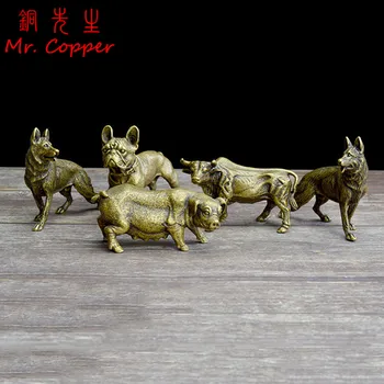 

Chinese Classical Bronze Tea Pet Desktop Small Animals Zodiac Bull Dog Pig Solid Copper Figurines Miniatures Zen Ornament Decor