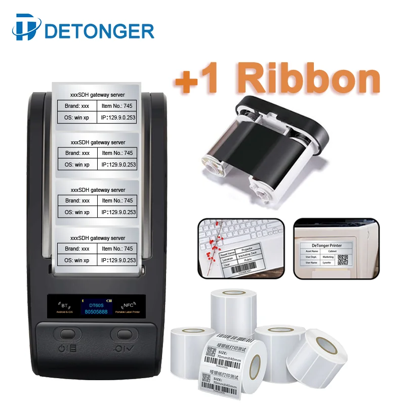 Detonger Portable Thermal Transfer Printing Machine With Ribbon Pet Fixed Asset Tag Laboratory Label Printer