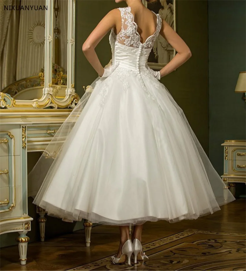 Vintage Sleeveless Short Wedding Dress Women Bridal Dresses Tea Length Retro Dotted Pleated Wedding Gown wedding dresses