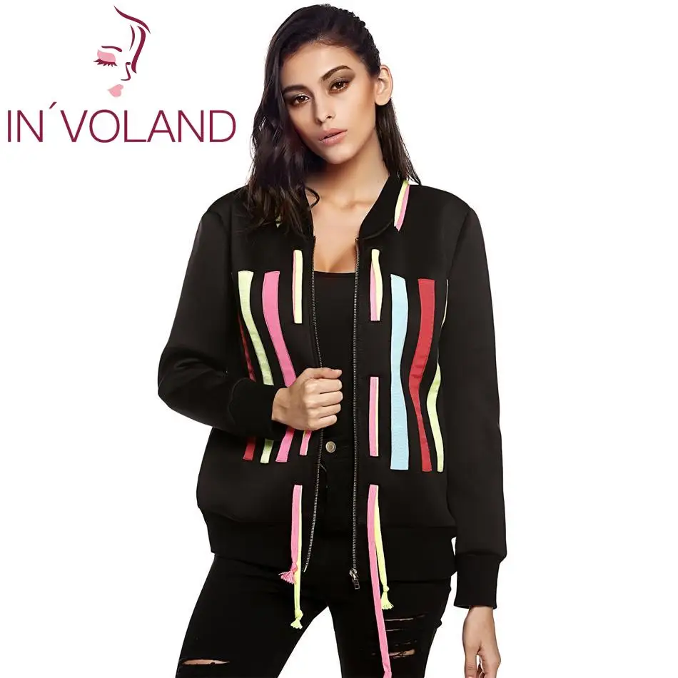 Stylish Ladies Cool Colorful Vertical Stripe Hoodie String Women Long Sleeve Zipper Coat Jacket