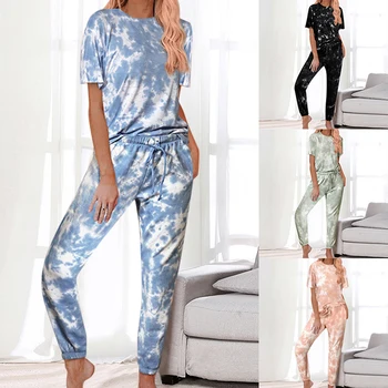

Casual Daily Women Wears Tie-dye Suits Short Sleeve Round Collar Tops + Bandage Pocket Full Pants New Style Lady Two Pieces Sets