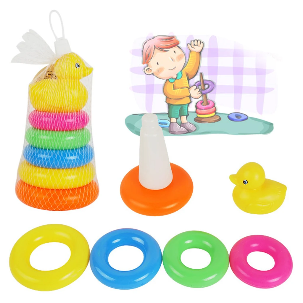 Adorable Yellow Duck Toy With 9  Rainbow Color Stacking Rings Tower Toy, Kids Toddler Bath Tub Play Toy Gift