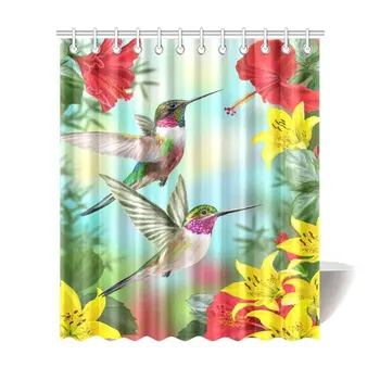 

Hummingbirds Shower Curtain, Two Hummingbirds Sip Nectar from A Trumpet Vine Blossoms Summertime, Bathroom Accessories Red