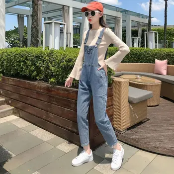 

Real Picture Denim Bib Pants Women Loose Loose Thin Korean Age Retro Jeans 2020
