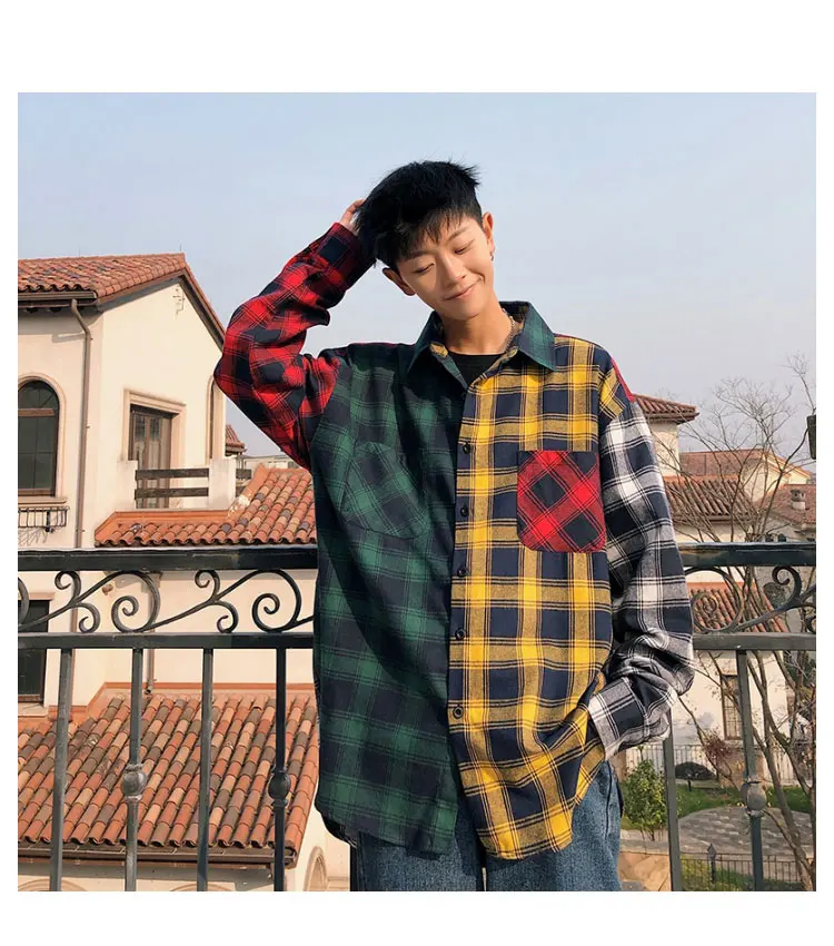 LAPPSTER мужская хлопковая клетчатая рубашка большого размера Мужская хип-хоп Лоскутная рубашка на пуговицах с длинным рукавом Корейская одежда Harajuku для пары