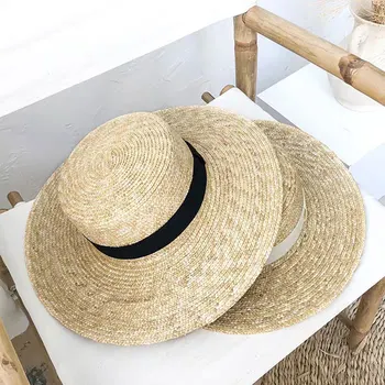 

New Women Natural Wheat Straw Hat Ribbon Tie 9cm Brim Boater Hat Derby Beach Sun Hat Cap Lady Summer Wide Brim Protect Hats