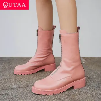 

QUTAA 2020 Cow Leather Square Heel Autumn Winter Comfort Mid Calf Boots Round Toe Warm Fur Fashion Zipper Women Shoes Size 34-39