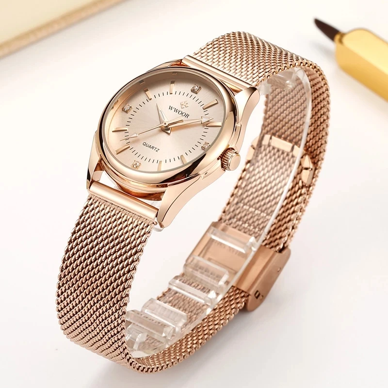 2023 WWOOR Fashion Brand Ladies Watches Luxury Diamond Rose Gold Women Bracelet Watch Elegant Dress Watch For Girls montre femme
