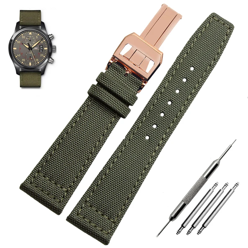 Green and Black Nylon Leather Watch Band Strap with Silver Pin Buckle - High Quality