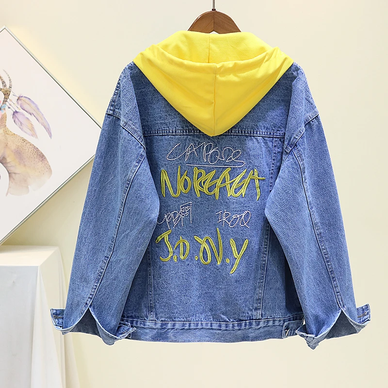 

Harajuku Letter Embroidery Stitching Hooded Women Denim jacket Spring Autumn 2020 Plus size Casual Jeans jacket Chaqueta mujer