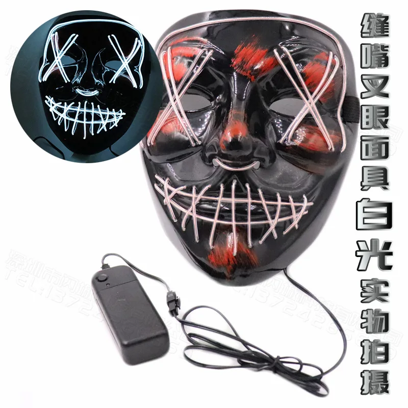 

Halloween glow mask black V word with blood horror LED mask grimace EL fluorescent atmosphere props