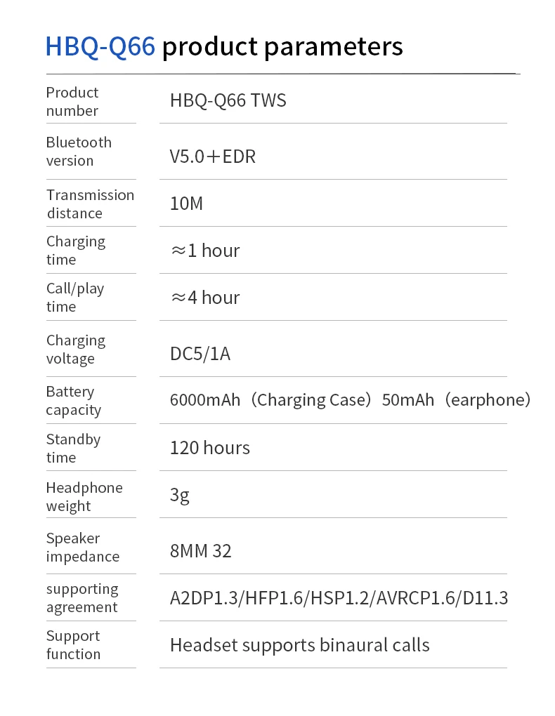 Q66 беспроводные V5.0 Bluetooth наушники HD стерео наушники спортивная водонепроницаемая гарнитура с двойным микрофоном и 6000 мАч чехол для зарядки аккумулятора