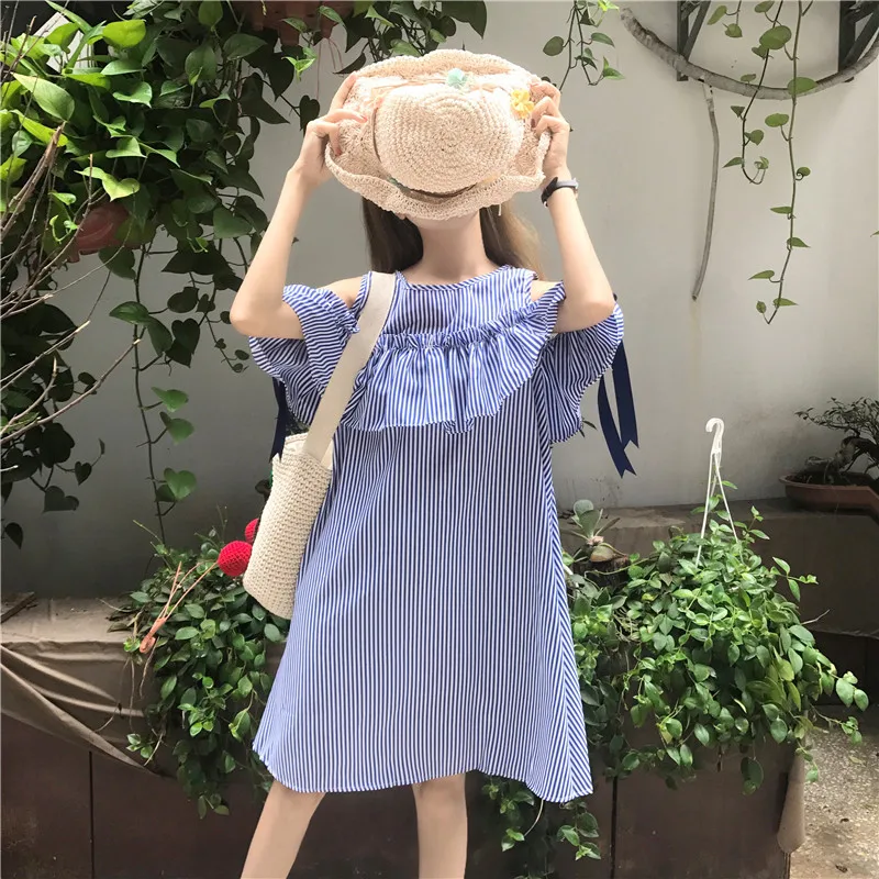 

2017 New Style Korean-style Loose-Fit off-Shoulder Stripes Flounced Bow Mid-length Short-sleeve Dress Women's
